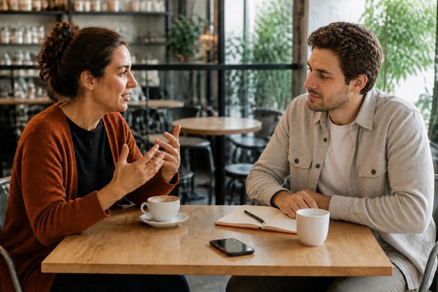 Founder listening to a potential customer in a bright neighborhood cafe